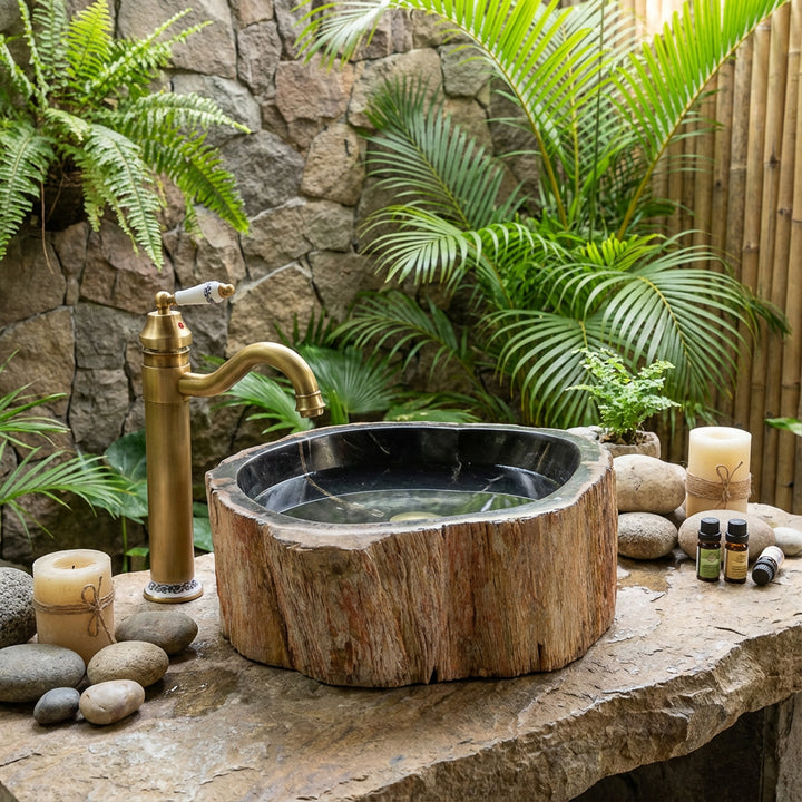 Naturstein Aufsatzwaschbecken aus versteinertem Holz, rundes Steinwaschbecken outdoor auf massiver Steinplatte mit Messingarmatur und Pflanzen.
