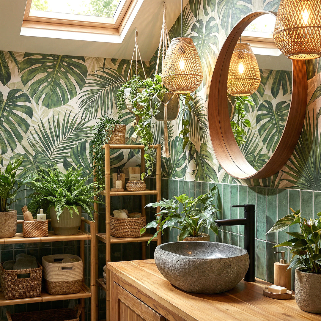 Flussstein Aufsatzbecken im grünen Spa-Bad auf Holzwaschtisch, kombiniert mit schwarzer Armatur und Pflanzenambiente