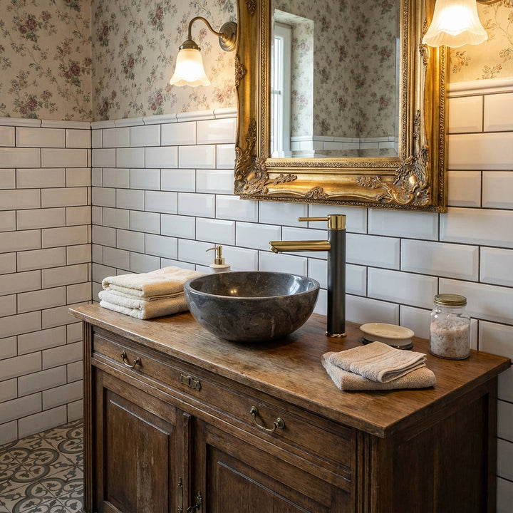 Rundes Aufsatzwaschbecken aus Naturstein auf Holzwaschtisch im eleganten Bad mit goldfarbener Armatur und Spiegel