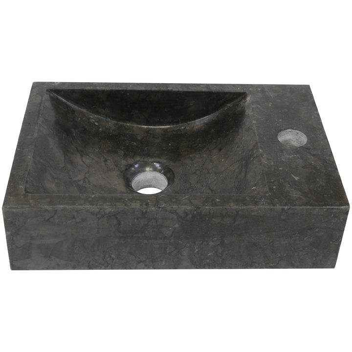 Eckiges Stein Aufsatzwaschbecken mit dunkler Maserung in freigestellter Produktansicht, mit integriertem Hahnloch und mittigem Ablauf