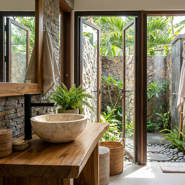 Rundes Aufsatzwaschbecken aus hellem Naturstein auf Holzwaschtisch mit schwarzer Armatur im offenen Bad mit Gartenblick