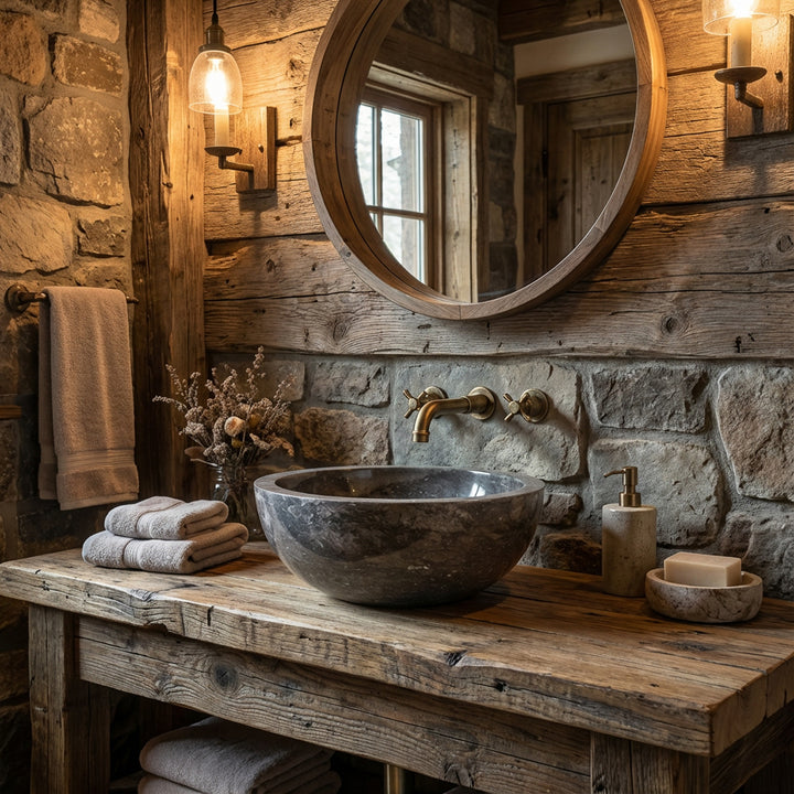 Rundes Waschbecken aus dunklem Stein auf rustikaler Holzkonsole mit Messingarmatur im gemütlichen Chalet-Badambiente