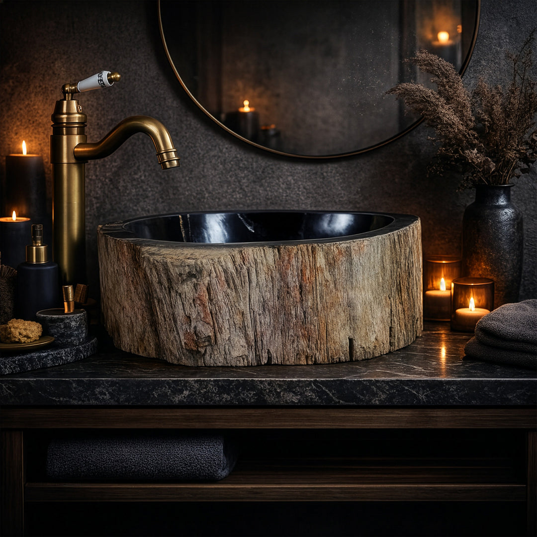 Waschbecken aus versteinertem Holz mit dunkler Innenfläche, rundes Aufsatzwaschbecken in stimmungsvollem Badambiente mit Kerzenlicht.