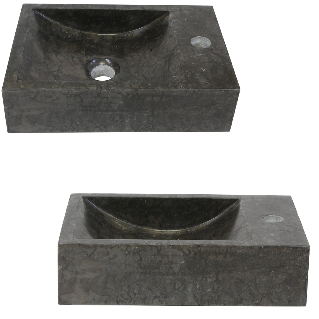 Eckiges Naturstein Waschbecken mit dunkler Maserung in freigestellter Darstellung, gezeigt in Draufsicht und Frontansicht mit integriertem Hahnloch und mittigem Ablauf