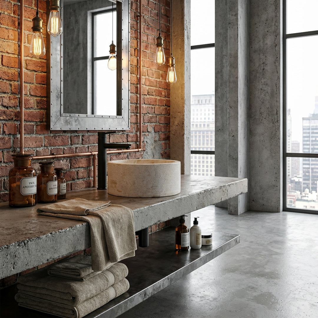 Rundes Natursteinwaschbecken in hellem Beige auf Betonkonsole, inszeniert im urbanen Loftbad mit Backsteinwand.