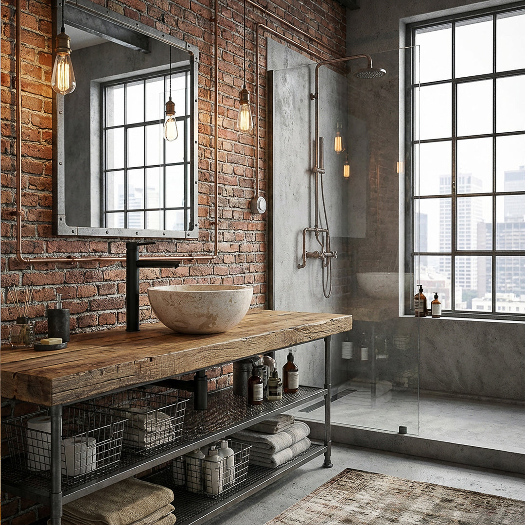 Rundes Naturstein-Aufsatzwaschbecken auf rustikalem Holzwaschtisch mit schwarzer Armatur im industriellen Loftbad