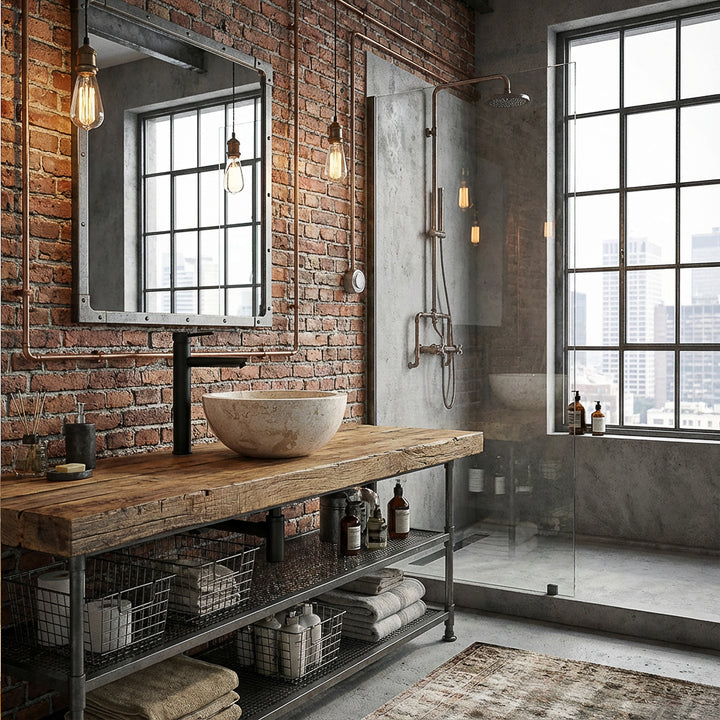 Rundes Naturstein-Aufsatzwaschbecken auf rustikalem Holzwaschtisch mit schwarzer Armatur im industriellen Loftbad