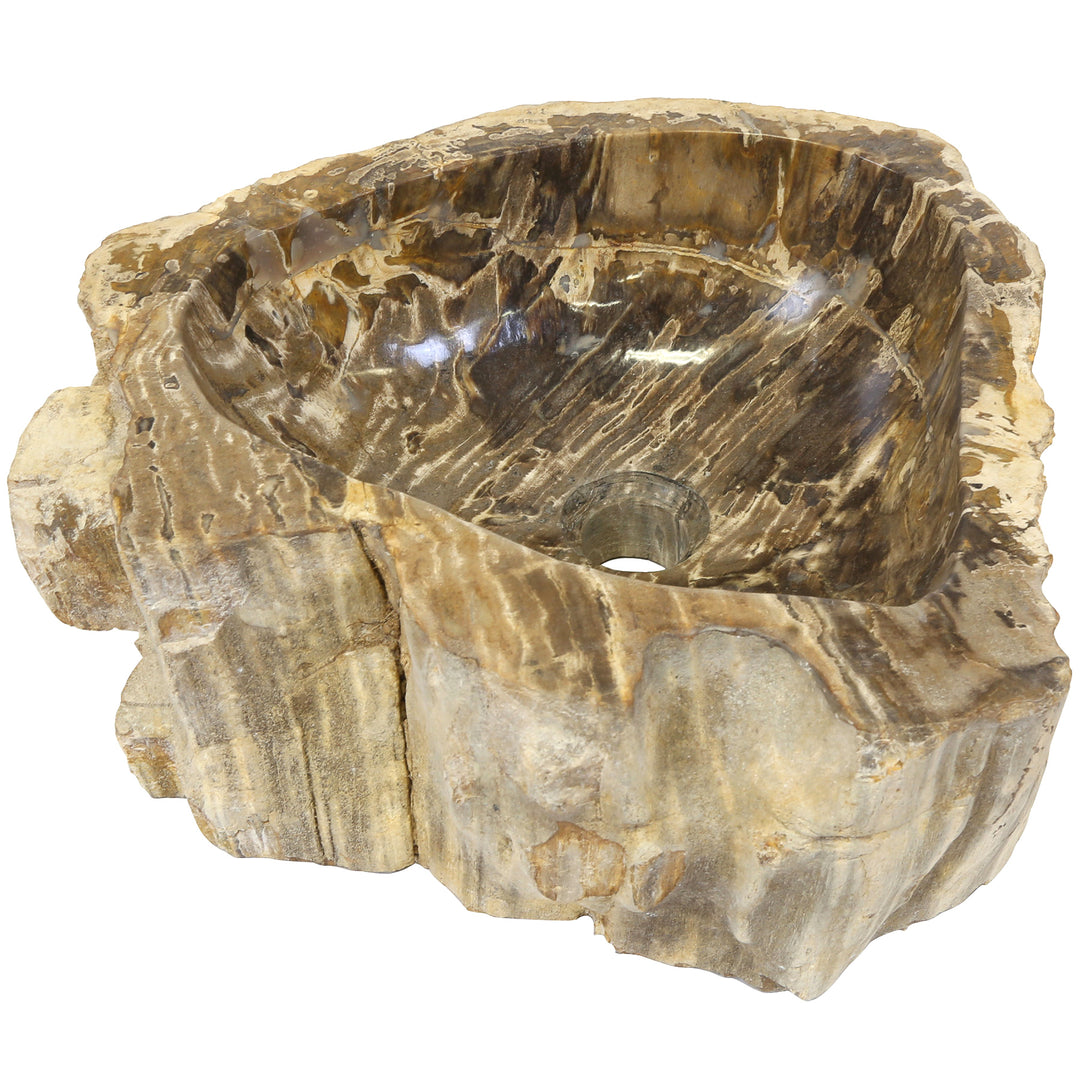 Naturstein Aufsatzwaschbecken aus versteinertem Holz, freistehend vor weißem Hintergrund mit unregelmäßiger Steinform und fossiler Maserung.