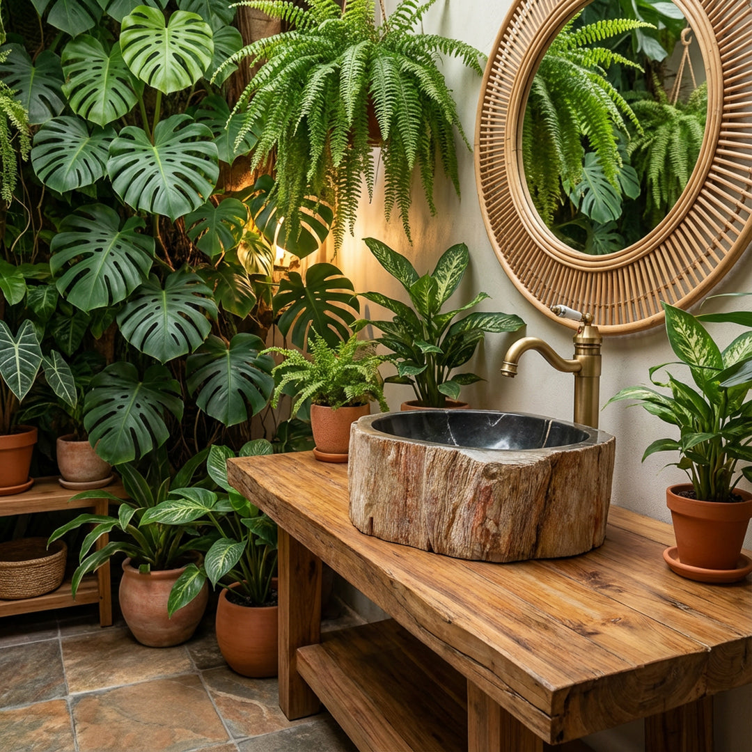 Natursteinwaschbecken aus versteinertem Holz als Aufsatzbecken, rundes Steinbecken auf Holzkonsole im grünen Badambiente.