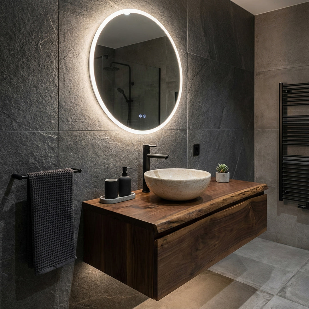 Rundes Naturstein-Waschbecken als Aufsatz auf schwebendem Holzwaschtisch mit schwarzer Armatur im modernen Badambiente