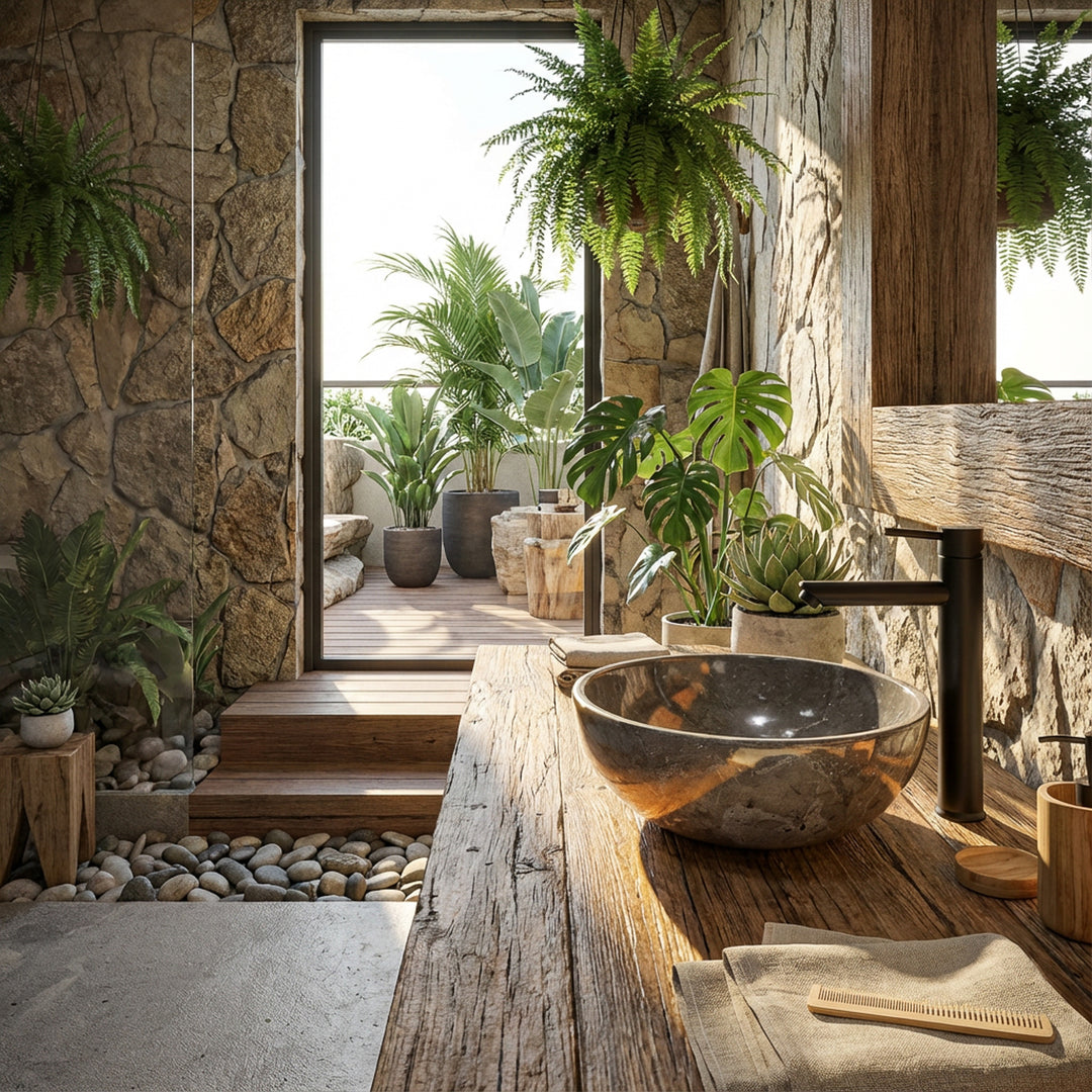 Rundes Waschbecken aus Naturstein auf massivem Holztisch im offenen Spa-Badezimmer mit Pflanzen, Steinwand und Tageslicht