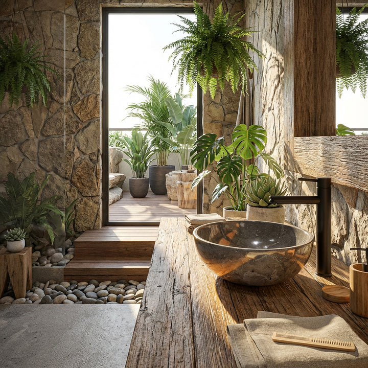 Rundes Waschbecken aus Naturstein auf massivem Holztisch im offenen Spa-Badezimmer mit Pflanzen, Steinwand und Tageslicht