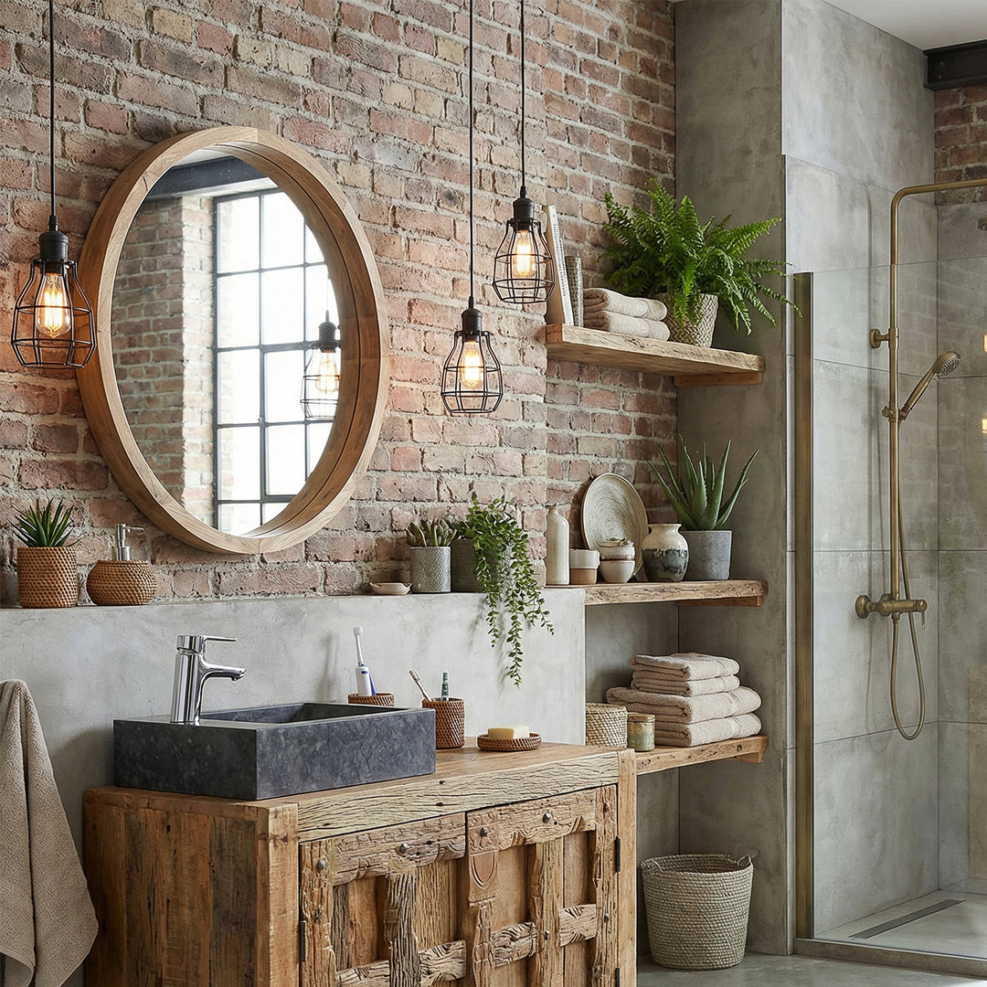 Eckiges Steinwaschbecken aus Naturstein auf rustikalem Holzwaschtisch im industriellen Badezimmer, kombiniert mit verchromter Armatur, Backsteinwand, offenen Regalen und warmem Licht