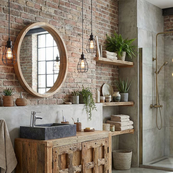 Eckiges Steinwaschbecken aus Naturstein auf rustikalem Holzwaschtisch im industriellen Badezimmer, kombiniert mit verchromter Armatur, Backsteinwand, offenen Regalen und warmem Licht