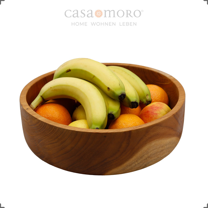  Obstschale aus Teakholz, gefüllt mit frischen Früchten