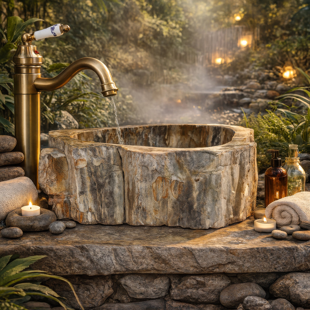 Waschbecken aus Naturstein mit fossiler Holzstruktur, outdoor inszeniert auf Steinplatte mit Messingarmatur, Kerzen und Wasserlauf.