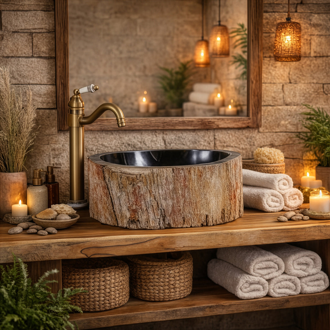 Aufsatzwaschbecken aus fossilem Holz mit dunkler Innenfläche, rundes Steinwaschbecken auf Holzkonsole im rustikalen Spa-Badezimmer mit Kerzen.