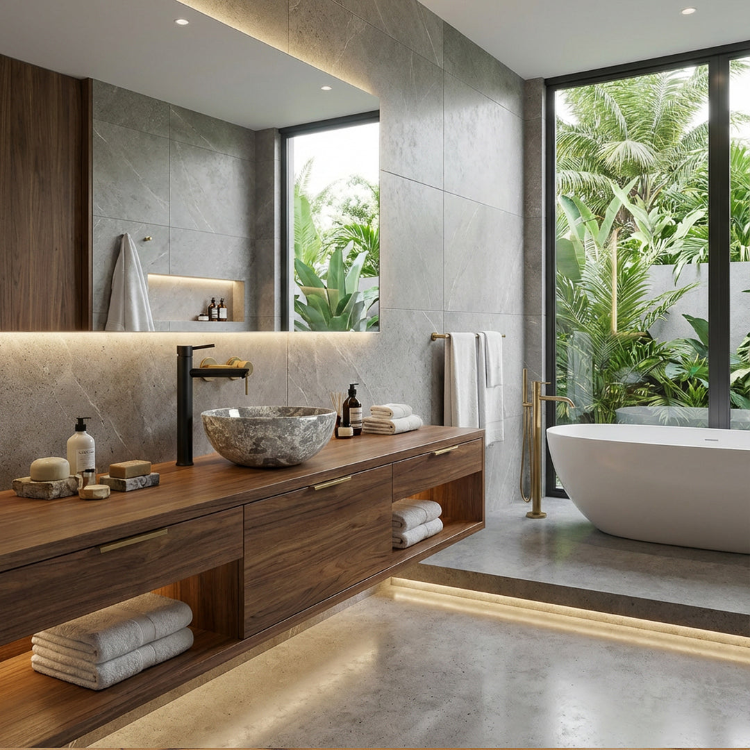 Rundes Marmor Aufsatzwaschbecken mit graubrauner Maserung auf Holzwaschtisch in hellem Spa-Badezimmer, kombiniert mit schwarzer Armatur, freistehender Badewanne und Blick ins Grüne