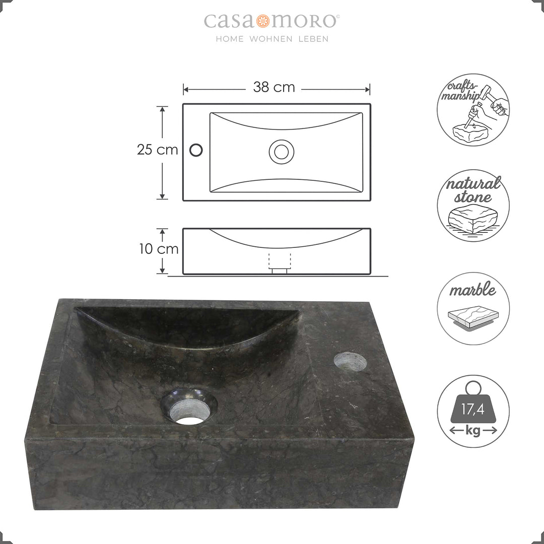 Eckiges Aufsatzwaschbecken aus Marmor mit dunkler Maserung, dargestellt mit Maßgrafik zu Breite, Tiefe und Höhe sowie Symbolen für Handarbeit, Naturstein, Marmor und Gewicht