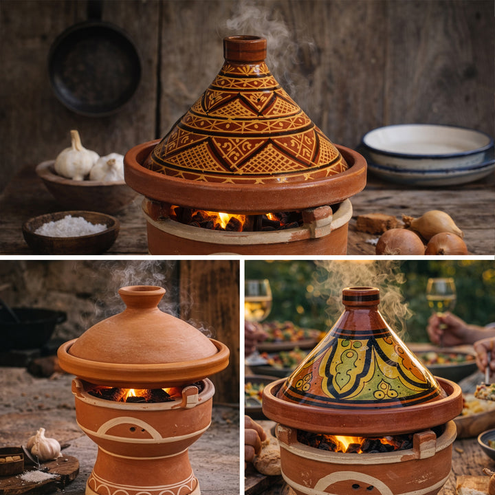 Tajine auf mejmar Stövchen aus Ton für Holzkohle, marokkanischer Tischgrill mit Tagine Varianten im Marokko Stil