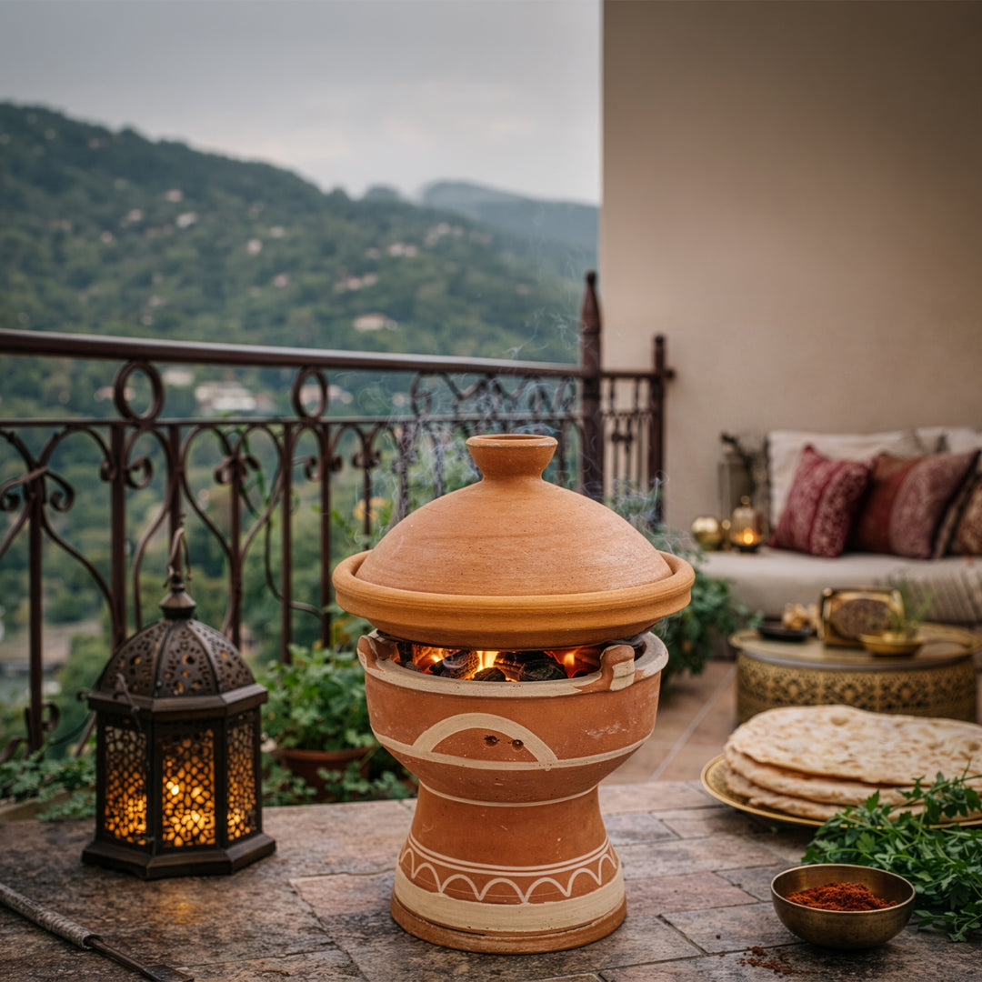 Mejmar Stövchen aus Ton für Holzkohle, marokkanischer Tischgrill für Tajine auf Terrasse im Marokko Stil