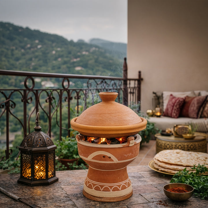Mejmar Stövchen aus Ton für Holzkohle, marokkanischer Tischgrill für Tajine auf Terrasse im Marokko Stil