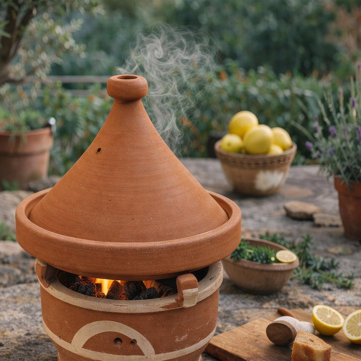 Mejmar Stövchen aus Ton für Holzkohle, marokkanischer Tajine Tischgrill mit offener Glut im Outdoor Bereich