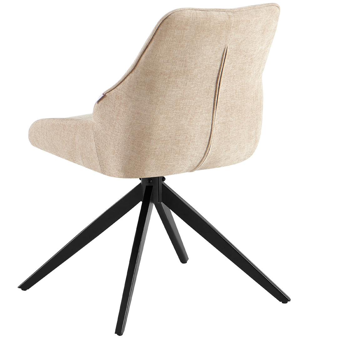 Rückansicht eines 360° drehbaren Esszimmerstuhls in Hellbraun mit gepolsterter Rückenlehne und schwarzem Metallgestell in moderner Stativform