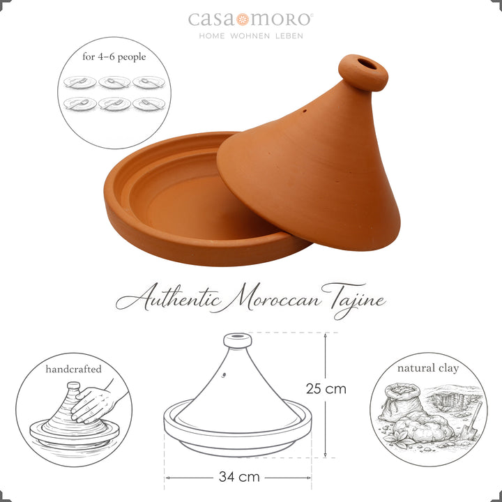 Tajine aus Marokko 34 cm für 4–6 Personen, handgefertigt und naturbelassen