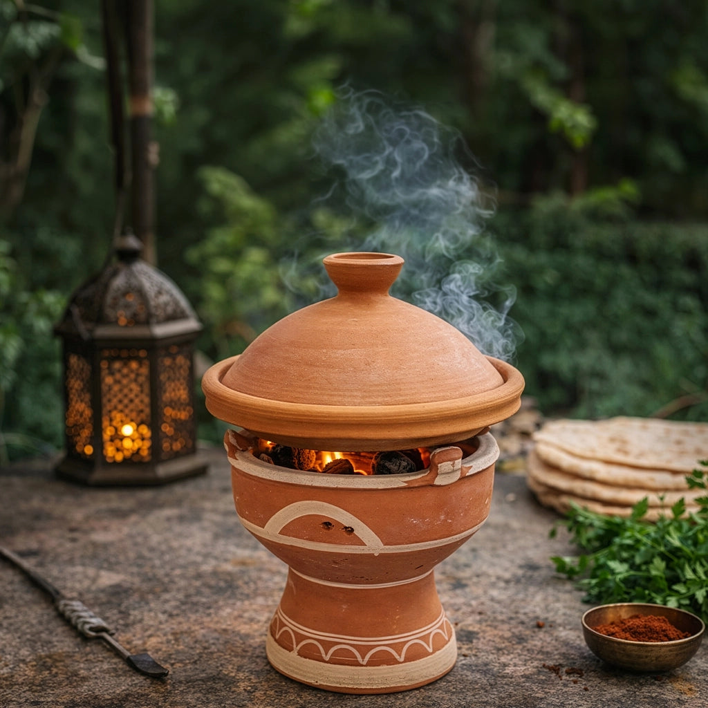 Tajine aus Ton als Schmortopf auf Majmar Stövchen mit Holzkohle, traditionelles Kochen aus Marokko im Garten
