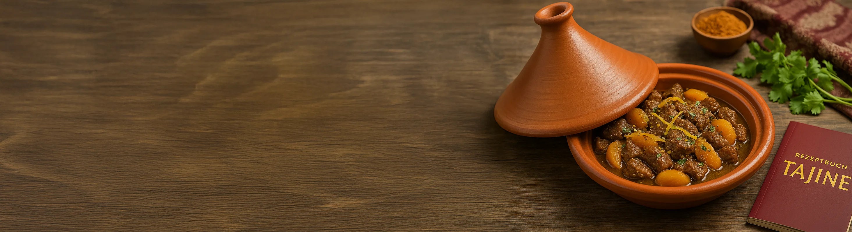 Tajine Schmortopf – Marokkanische Tajine als Schmortopf aus Ton mit Lamm, Aprikosen und Gewürzen auf dunklem Holztisch