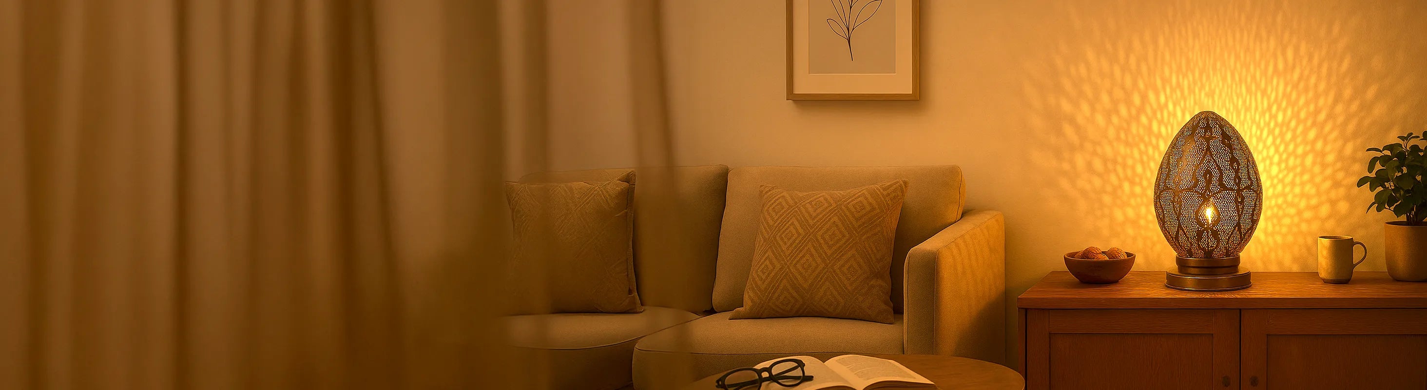 Tischlampen – Wohnzimmer mit handgefertigter Tischlampe aus Metall – stimmungsvolle Beleuchtung auf Sideboard neben Sofa