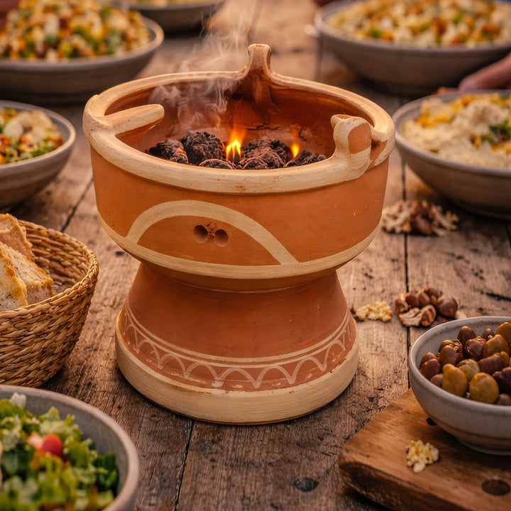 Mejmar Stövchen aus Ton für Holzkohle, marokkanischer Tischgrill mit offener Glut ohne Tajine
