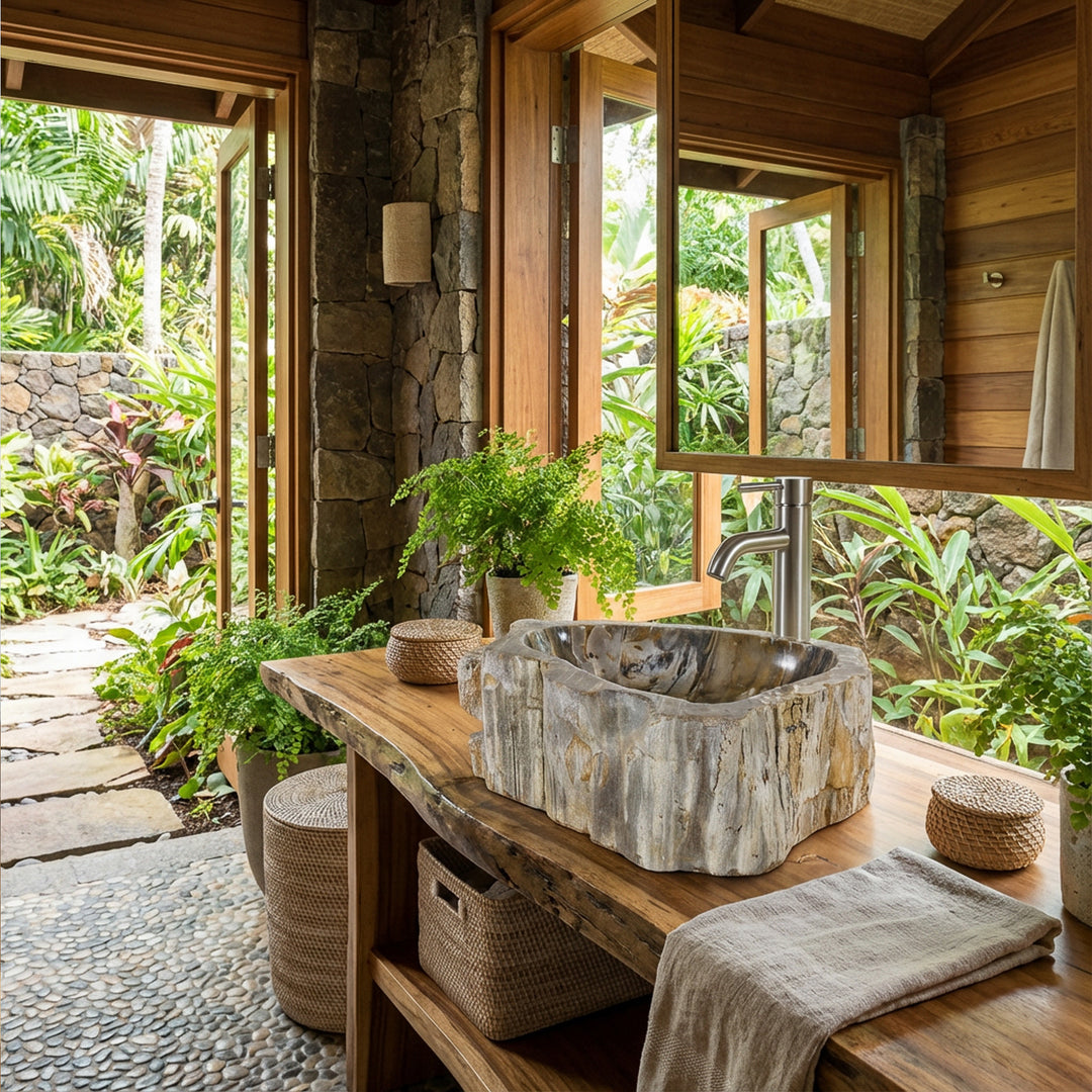 Steinwaschbecken aus versteinertem Holz als Aufsatzbecken auf Massivholzplatte, eingebettet in naturnahes Badezimmer mit Gartenblick.