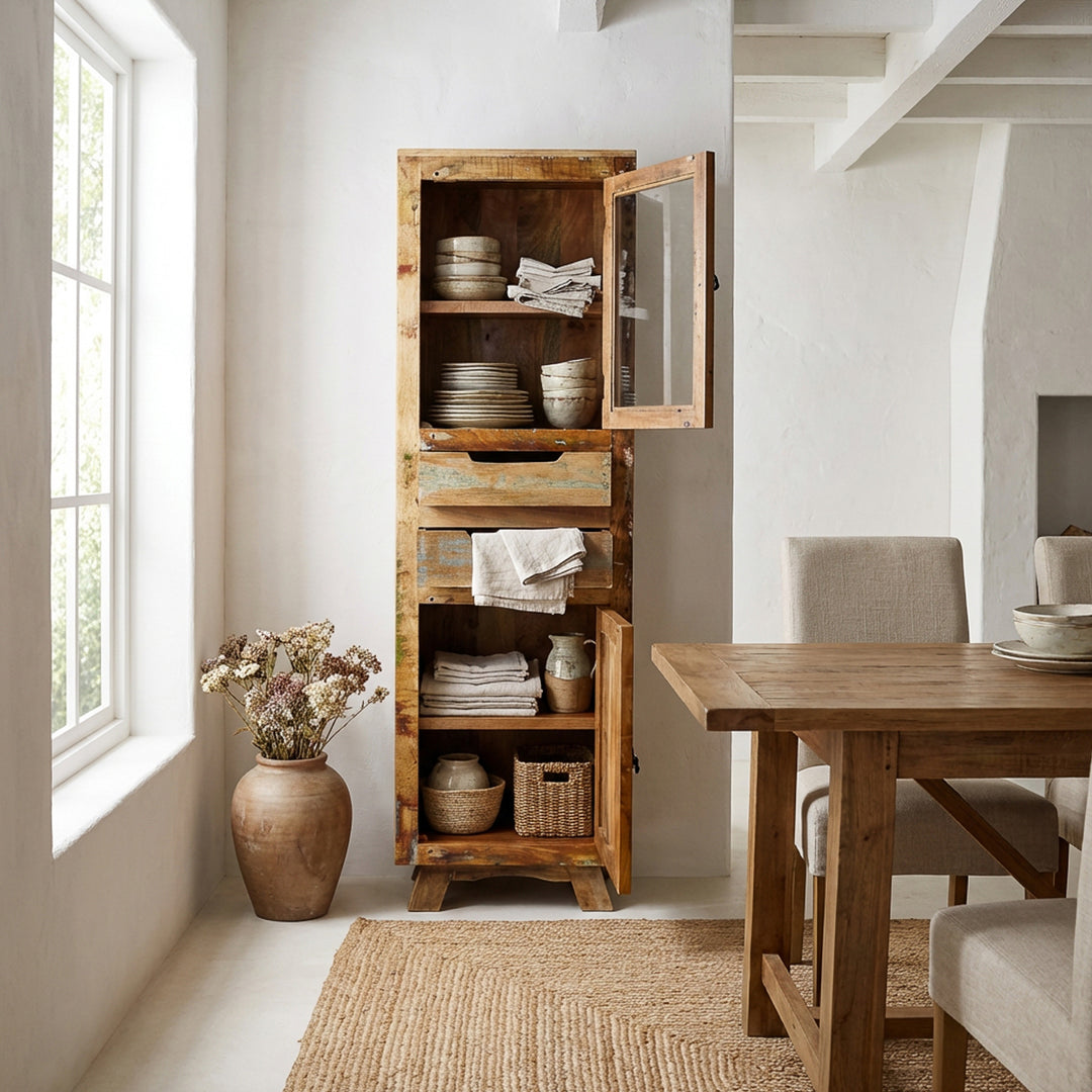 Vitrinenschrank aus massivholz und altholz mit Schublade und Türen im Landhausstil, im Esszimmer platziert