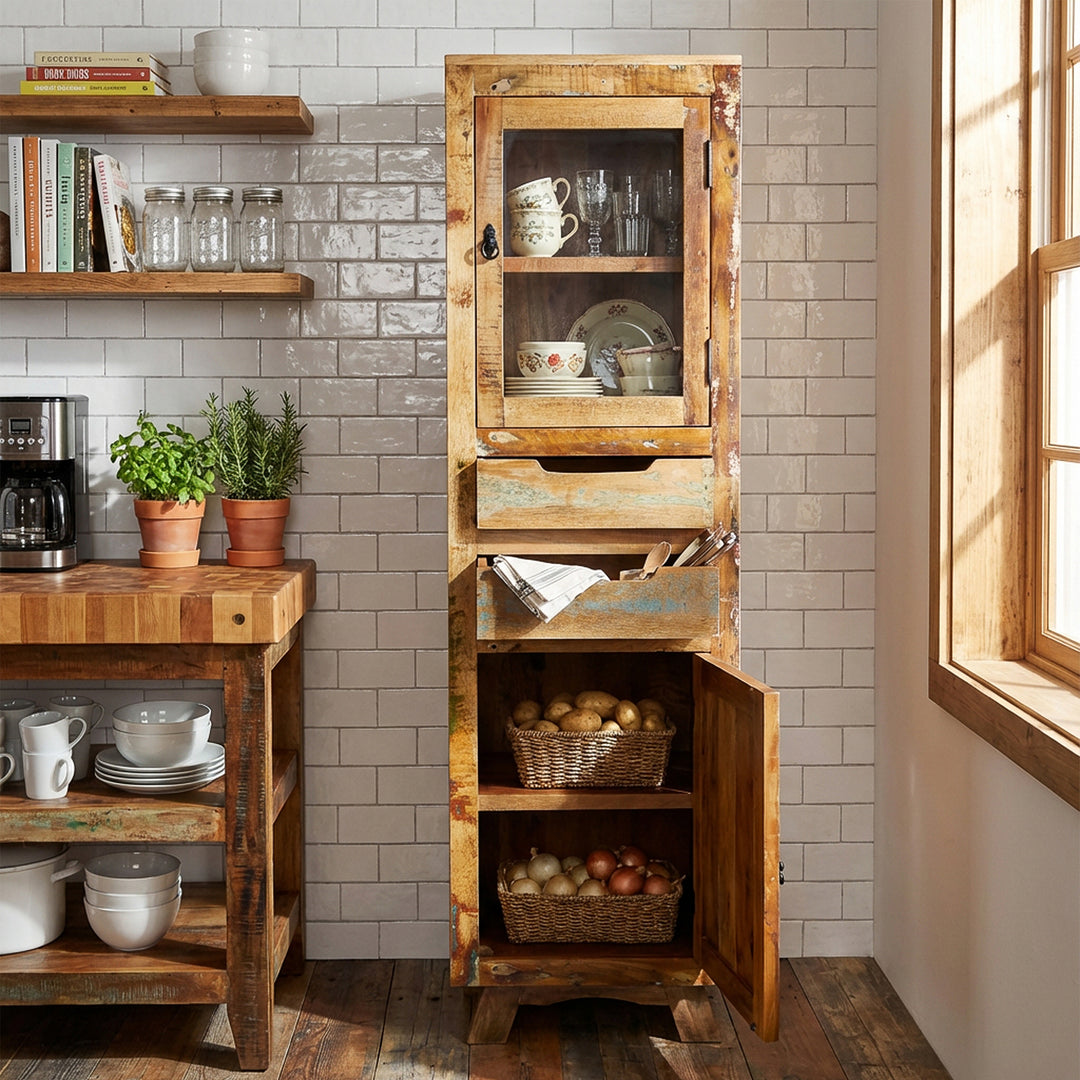 Vitrinenschrank aus massivholz und altholz mit Schublade und Türen im Vintage-Landhausstil, in der Küche platziert