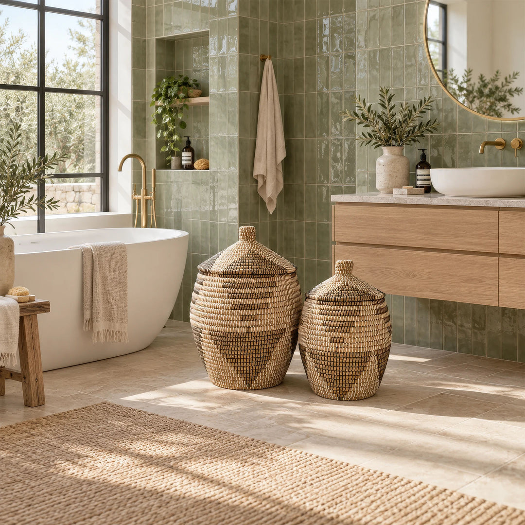 Seegras-Wäschekörbe in Natur/Braun/Schwarz/Weiß mit ca. 30 und 60 Litern Volumen neben der Badewanne.