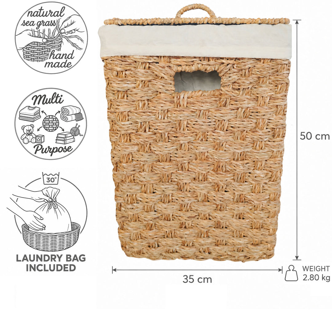 Maße des quadratischen Seegras-Wäschekorbs mit Deckel: 35 × 35 cm, Höhe 50 cm, ca. 55 Liter, Gewicht 2,8 kg.