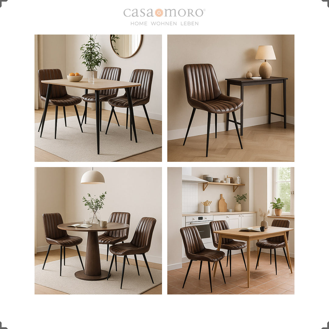 Antikbraune Lederstühle mit schwarz lackierten Metallbeinen in verschiedenen Wohn- und Esszimmer-Settings, modern und einladend