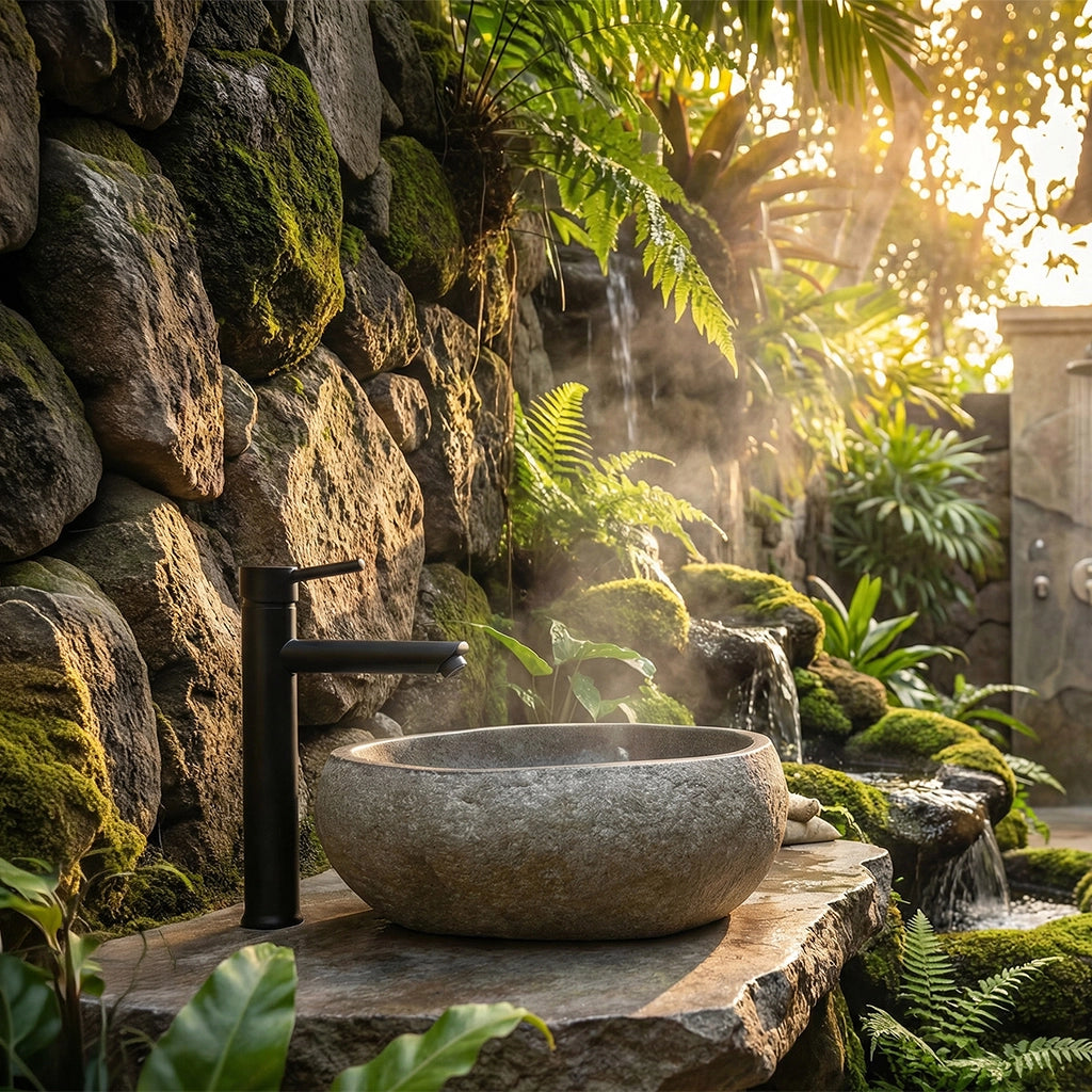 Aufsatzwaschbecken aus Naturstein auf Steinplatte im Outdoor-Badebereich mit Wasserlauf und Pflanzen