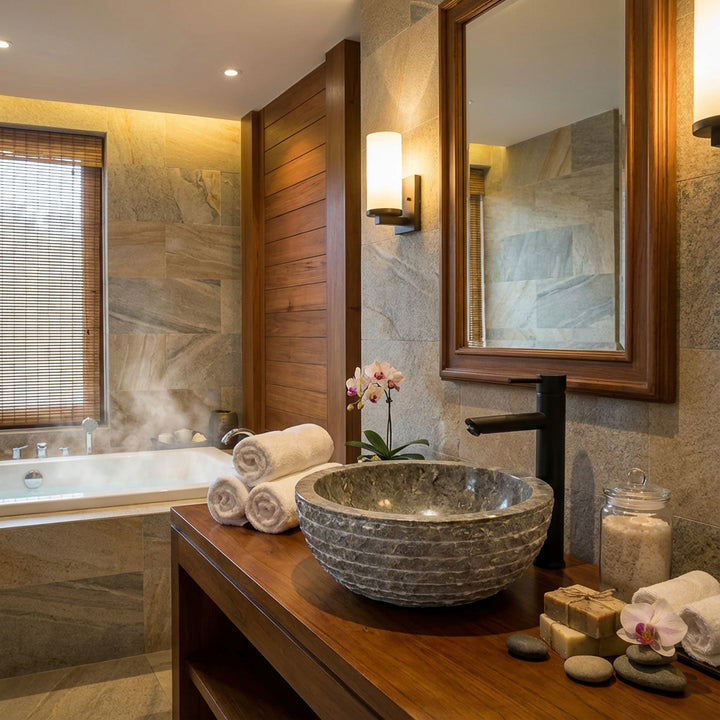 Rundes Waschbecken aus Marmor auf Holzkonsole, elegantes Bad mit Badewanne, Natursteinfliesen und warmem Licht