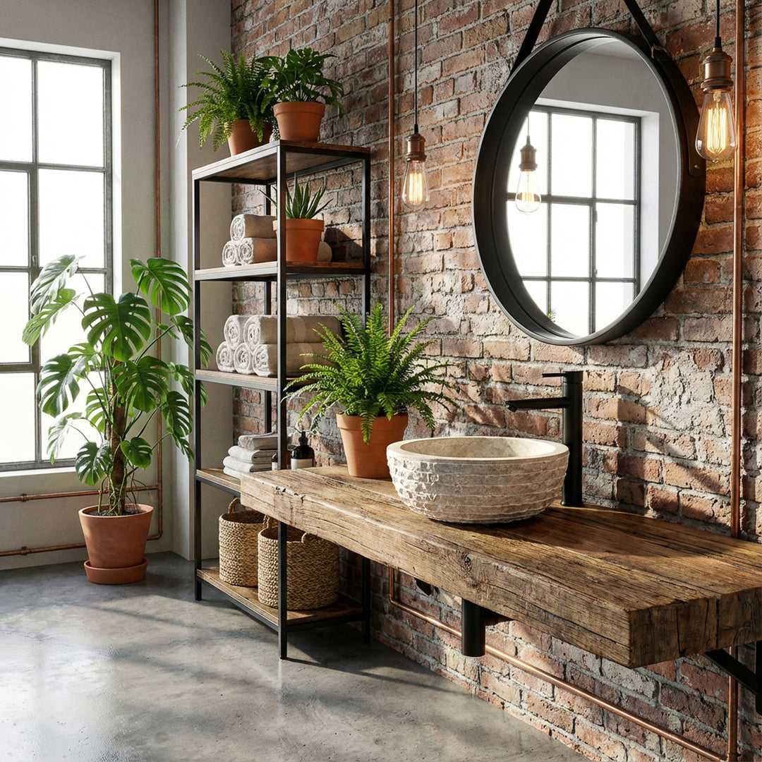 Rundes Aufsatzbecken in Marmoroptik aus hellem Stein auf Holzkonsole mit schwarzer Armatur im industriellen Loftbad