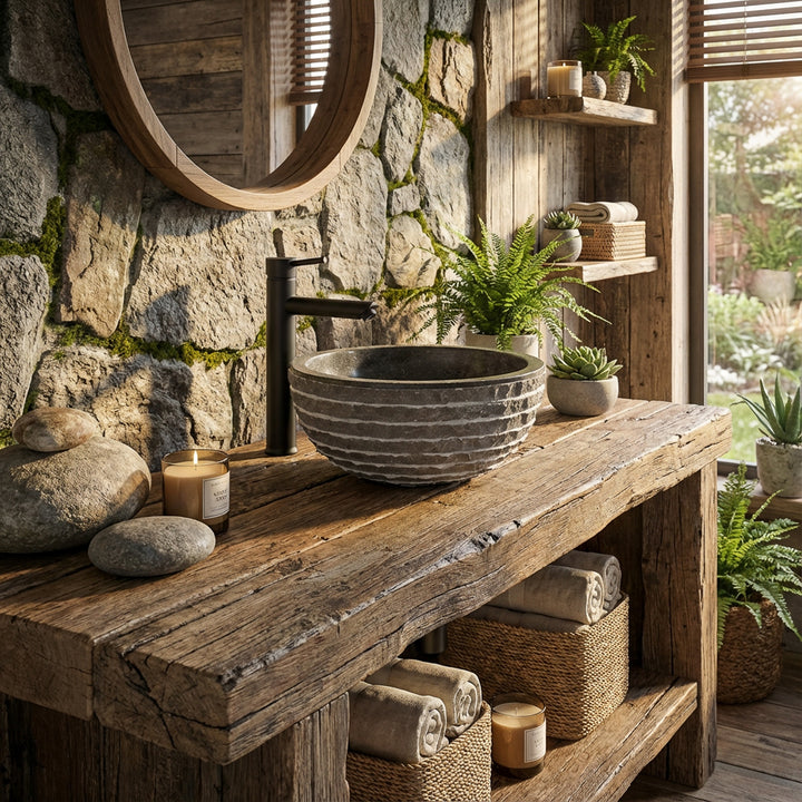 Rundes Aufsatzbecken aus Marmor auf rustikalem Holztisch im naturnahen Badezimmer mit Steinwand und Pflanzen