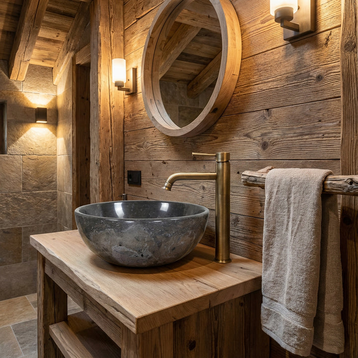 Rundes Aufsatzwaschbecken aus Marmor auf rustikalem Holzwaschtisch im Chalet-Bad mit Messingarmatur