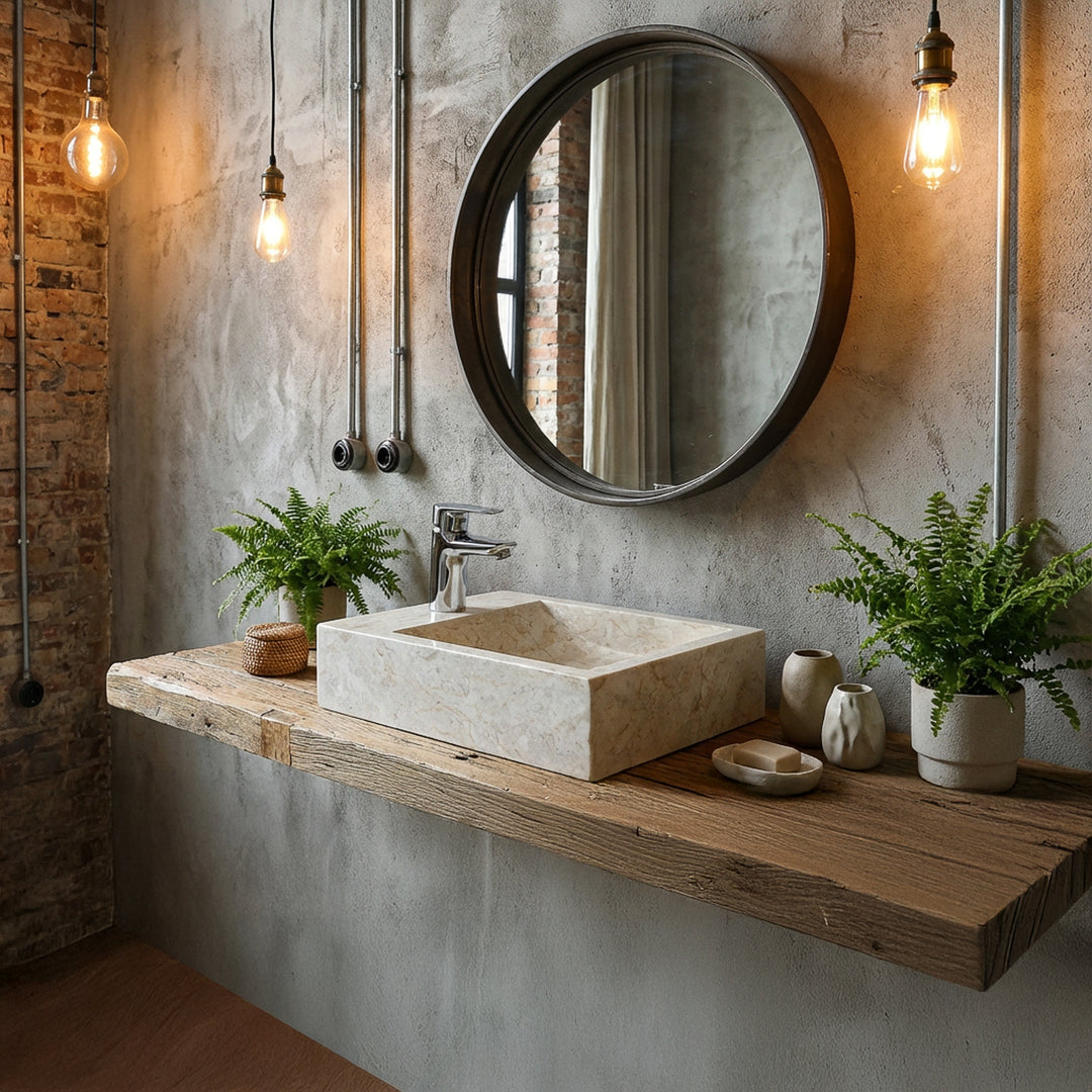 Rechteckiges Aufsatzwaschbecken aus hellem Marmor auf schwebender Holzkonsole mit verchromter Armatur im Industrial-Badezimmer