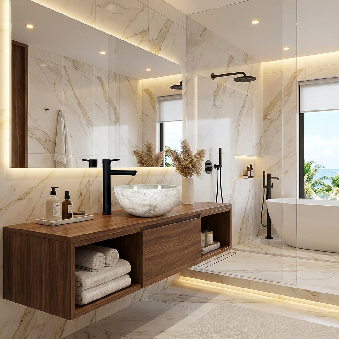 Rundes Aufsatzwaschbecken aus hellem Stein auf schwebendem Holzwaschtisch mit schwarzer Armatur im modernen Spa-Bad