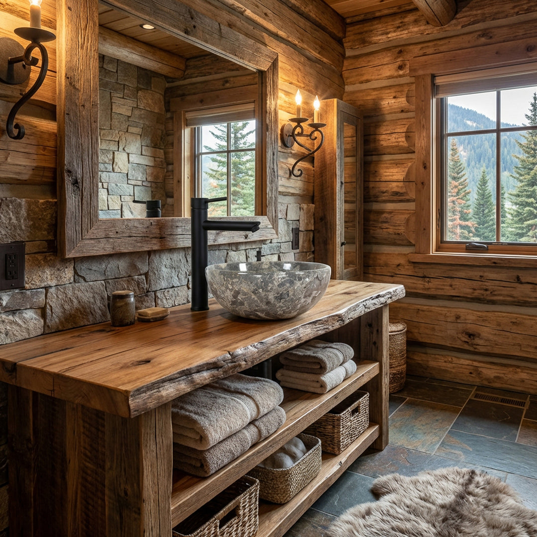 Rundes Naturstein Aufsatzwaschbecken mit graubrauner Maserung auf massivem Holzwaschtisch im rustikalen Chalet-Badezimmer, kombiniert mit schwarzer Armatur, Natursteinwand und warmem Licht