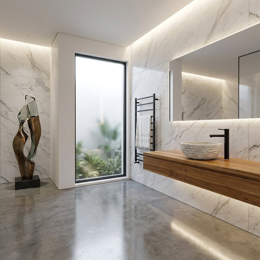 Modernes Steinwaschbecken als Aufsatzbecken auf schwebendem Holzwaschtisch in hellem Bad mit Natursteinfliesen