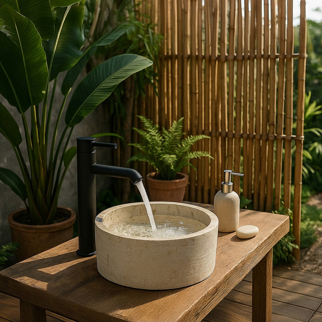 Rundes Marmor-Waschbecken auf rustikalem Holztisch, kombiniert mit schwarzer Armatur im warmen Naturbad-Ambiente.