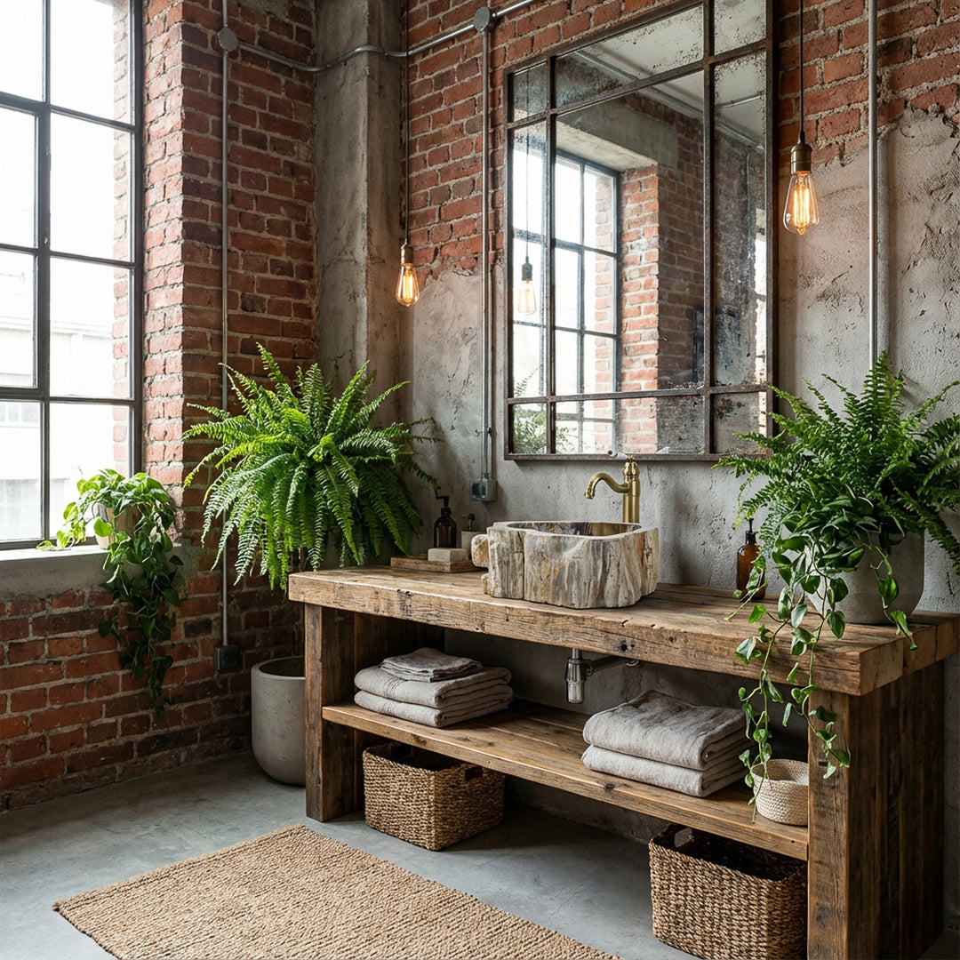 Steinwaschbecken als Aufsatzbecken auf rustikaler Holzkonsole, Industrial-Bad mit Backsteinwand, Pflanzen und warmem Licht.